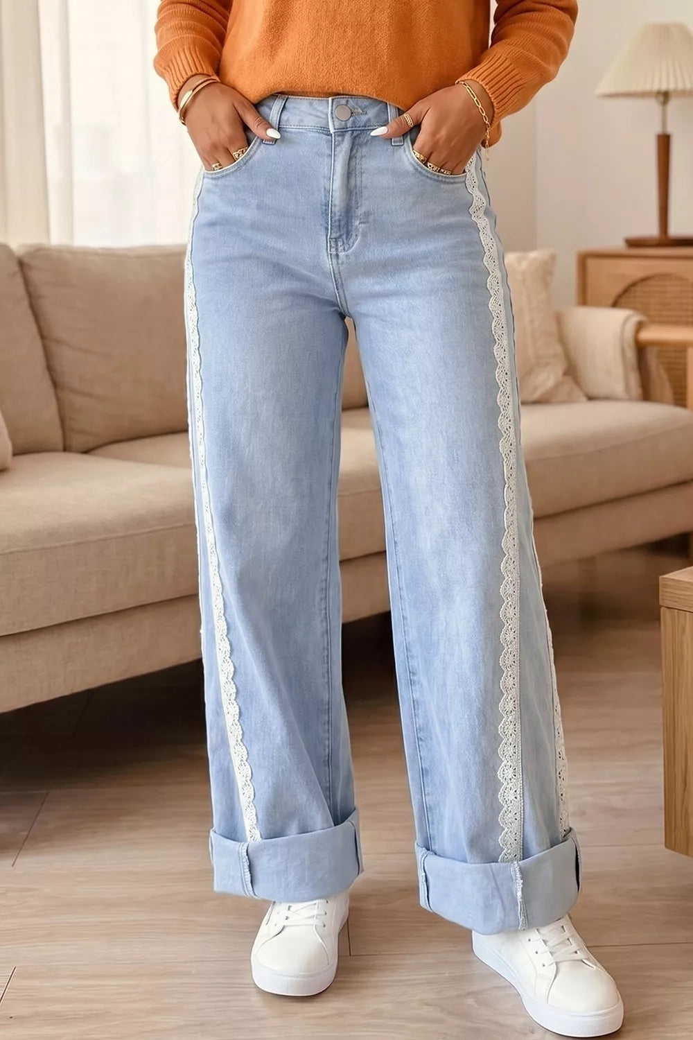 Light Wash Lace Trim Wide Leg Jeans - Lilixa.store