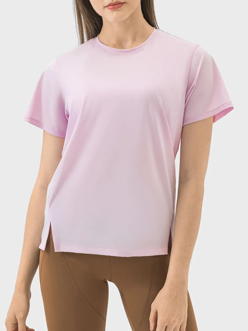 Millennia Slit Round Neck Short Sleeve Active T-Shirt - Lilixa.store