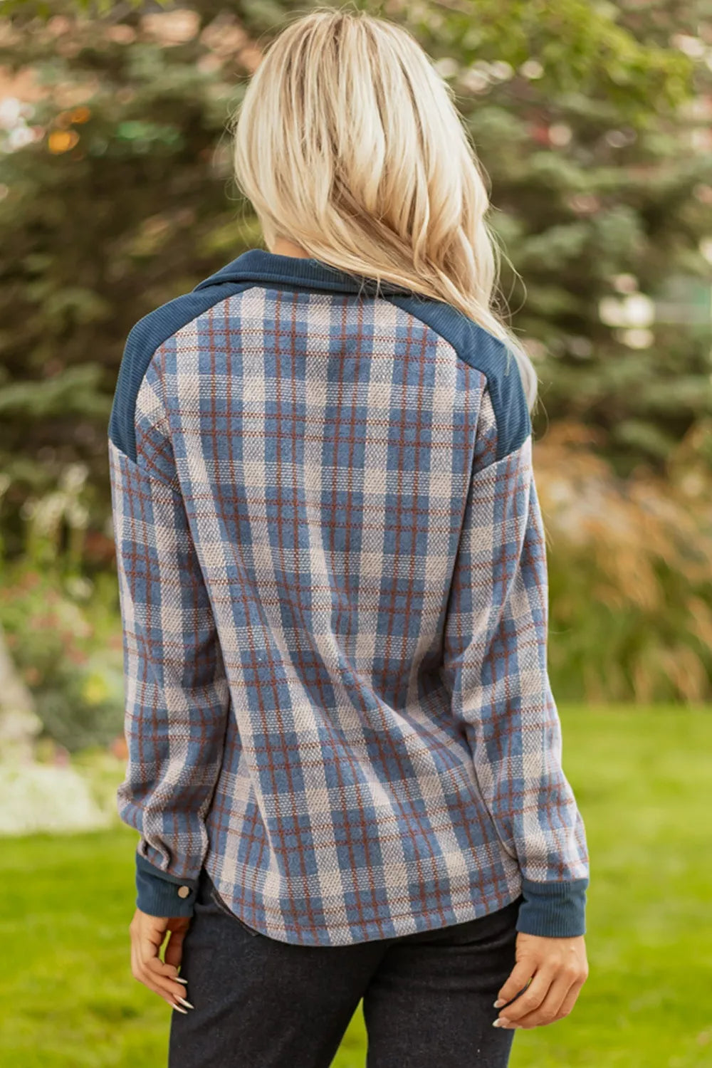 Plaid Corduroy Patchwork Collared Zip Up Snap Button Jacket, view 4