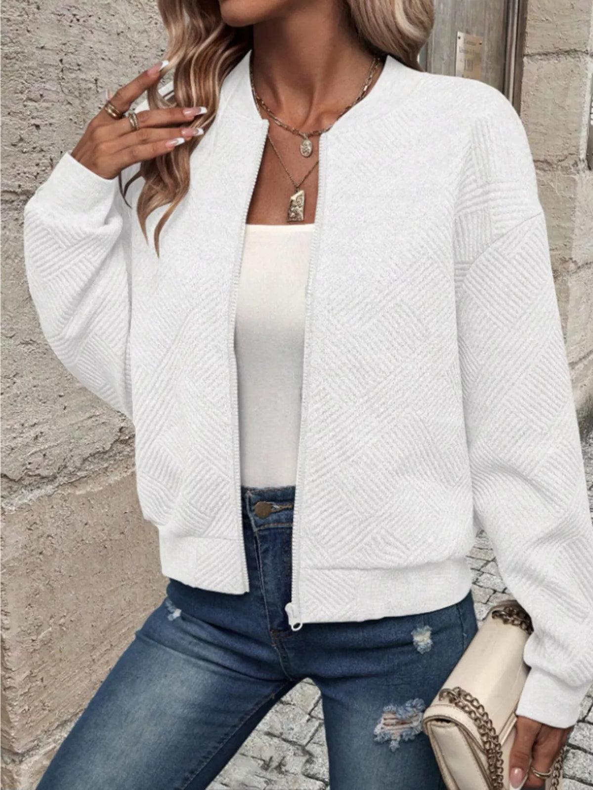 Textured Knit Zip-Up Bomber Jacket, view 24
