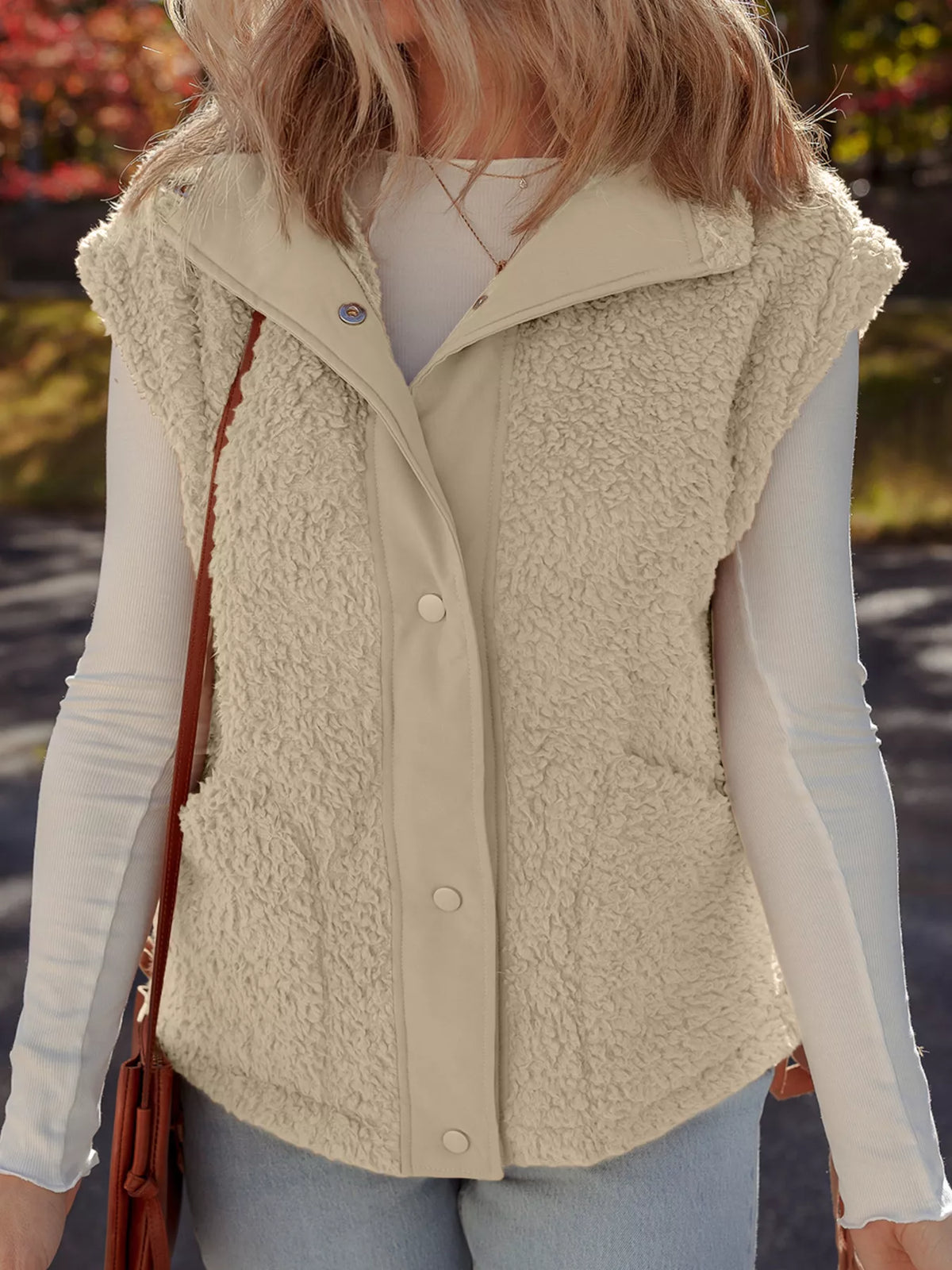 Faux Fur Snap Button Front Knot Side Plush Vest with Pockets in Beige, view 3