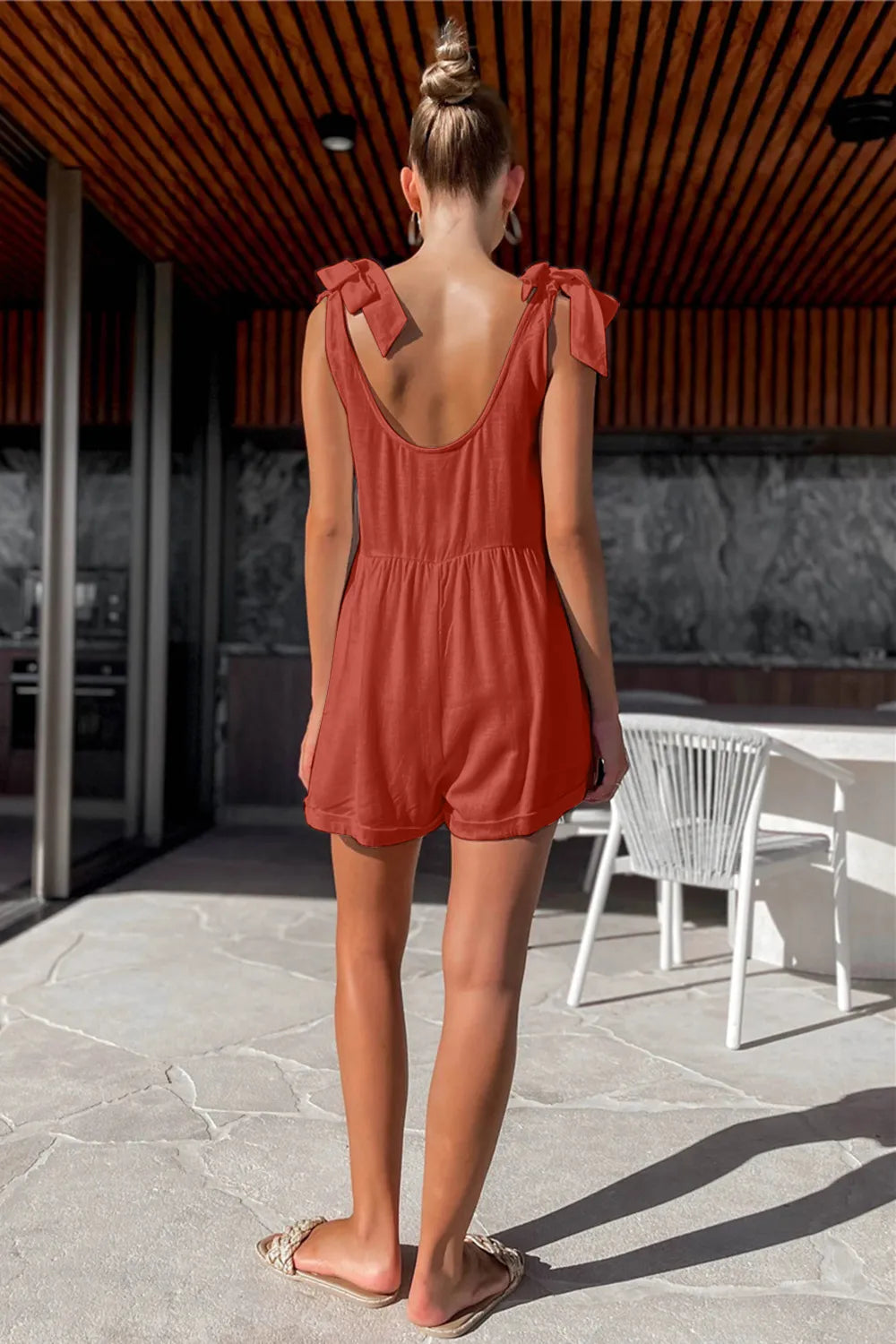 Full Size Scoop Neck Tie Shoulder Romper - Lilixa.store