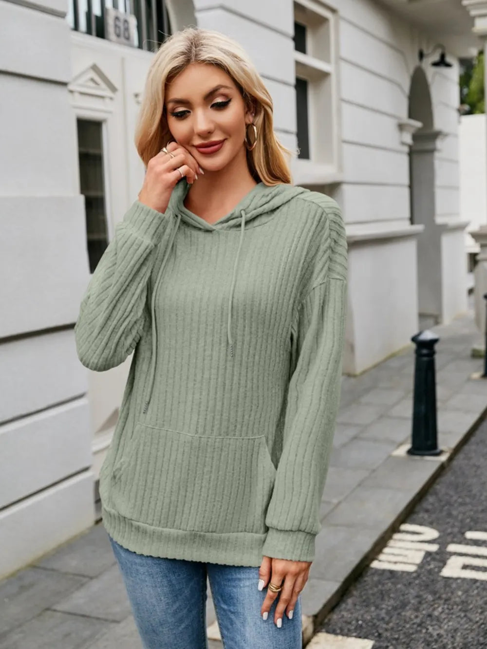 Ribbed Drawstring Long Sleeve Hoodie - Lilixa.store