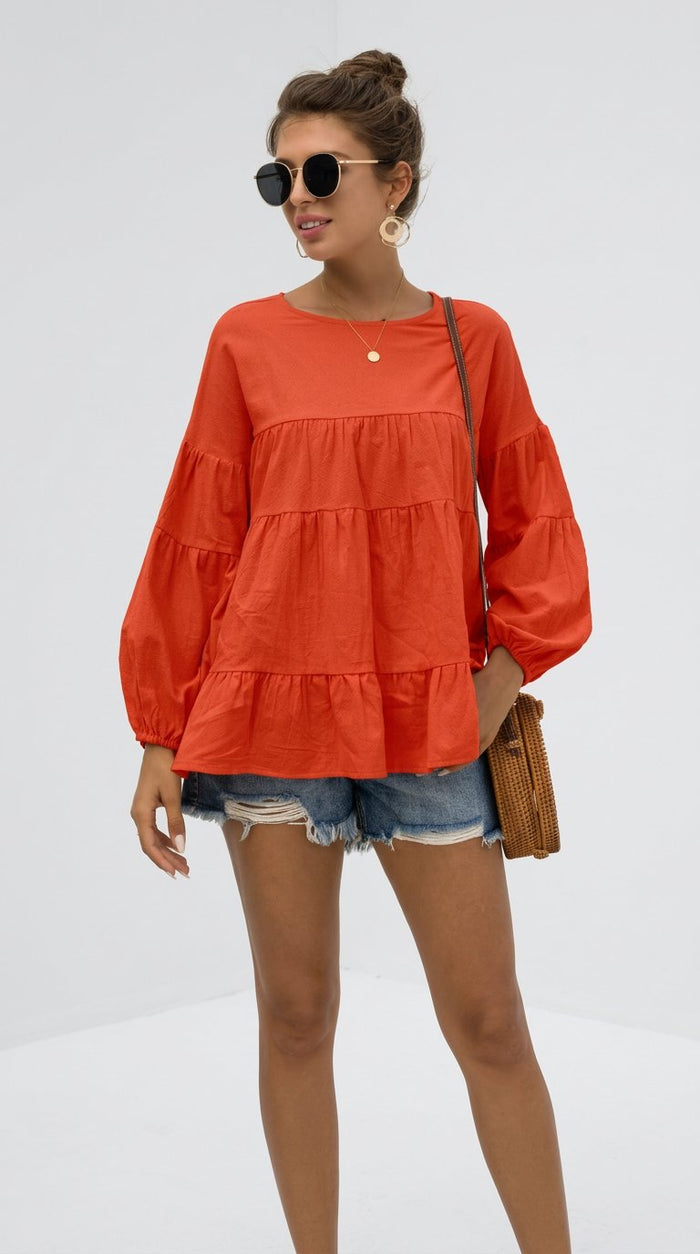 Round Neck Bubble Sleeve Tiered Blouse in Orange