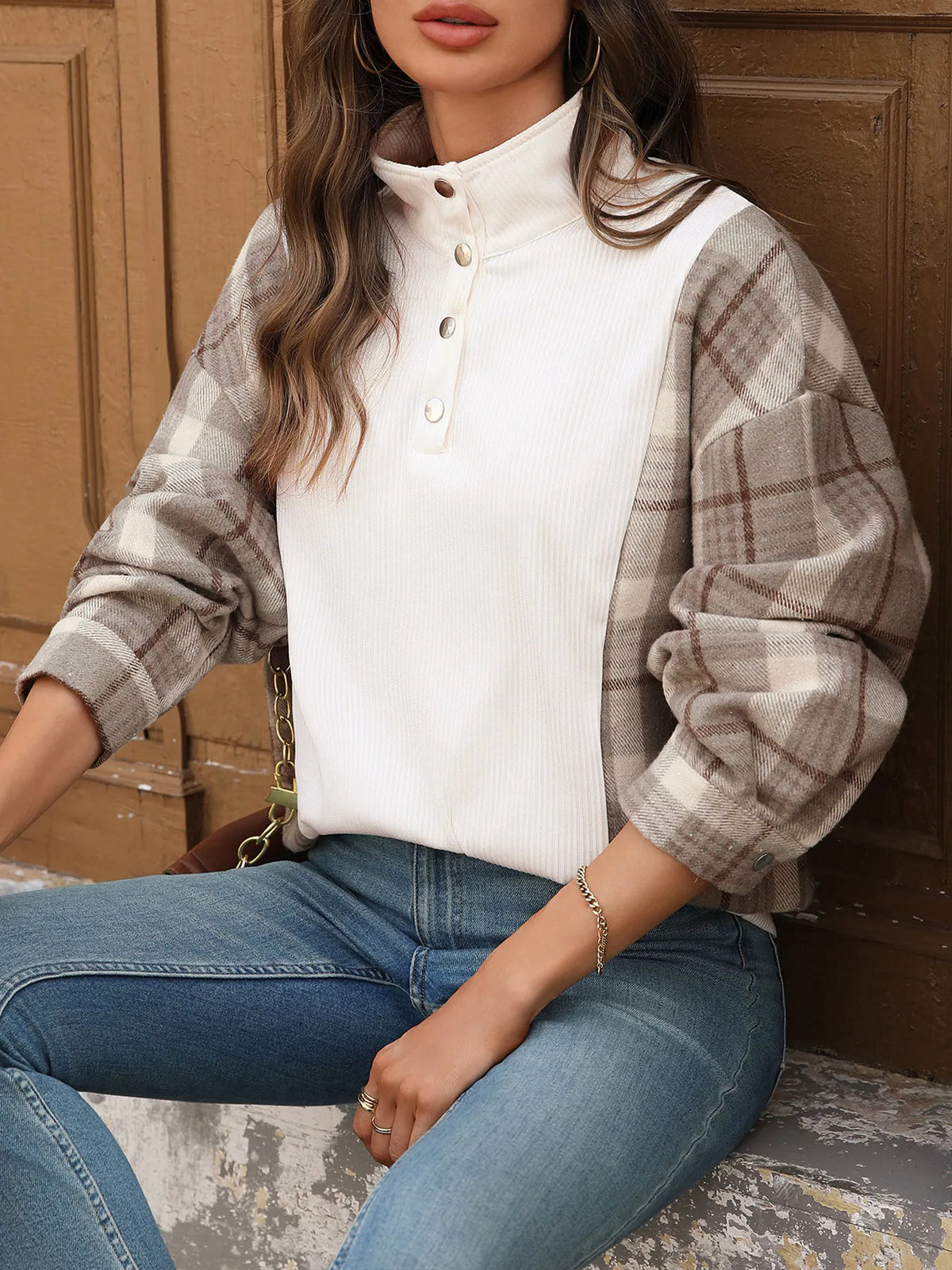 Snap Down Plaid Long Sleeve Sweatshirt - Lilixa.store