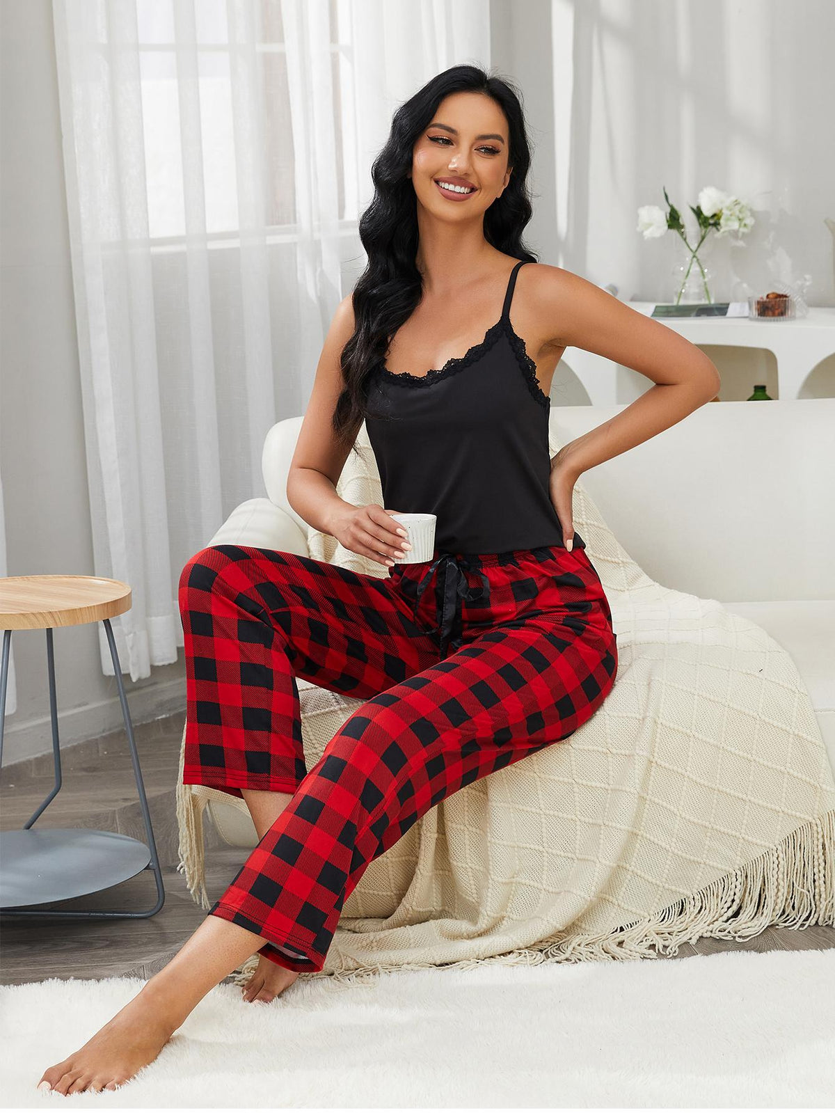 Lace Trim Cami and Plaid Pants Lounge Set - Lilixa.store