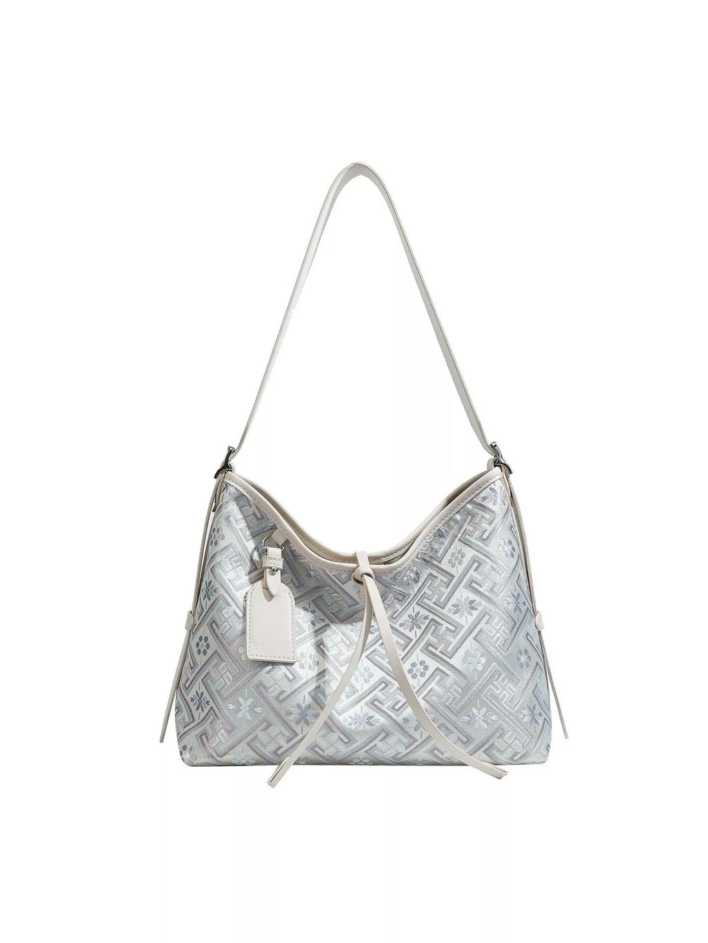 Geometric Pattern Jacquard Shoulder Bag with Adjustable Strap in Light Blue, view 8