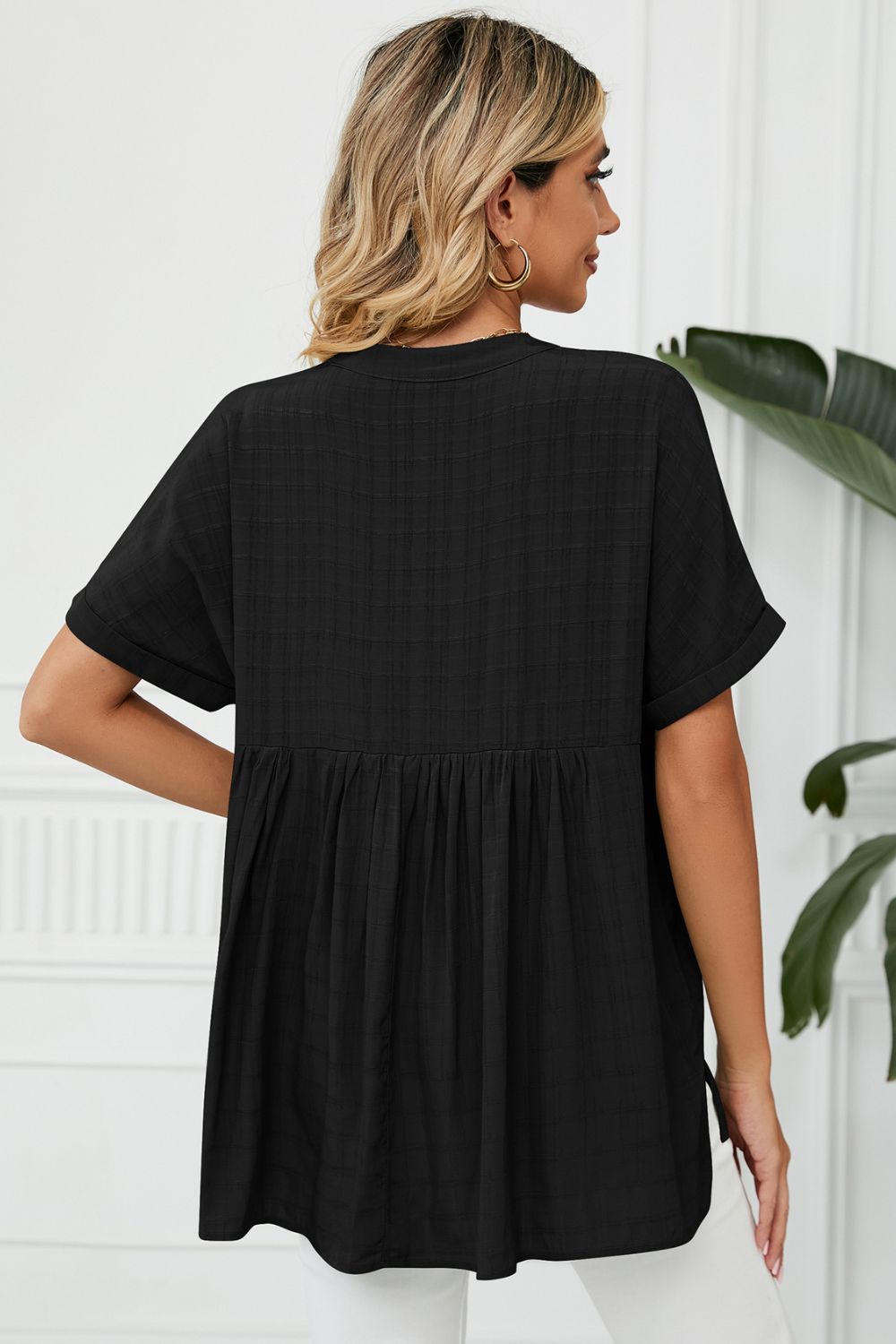Side Slit Notched Neck Cuffed Short Sleeve Blouse - Lilixa.store