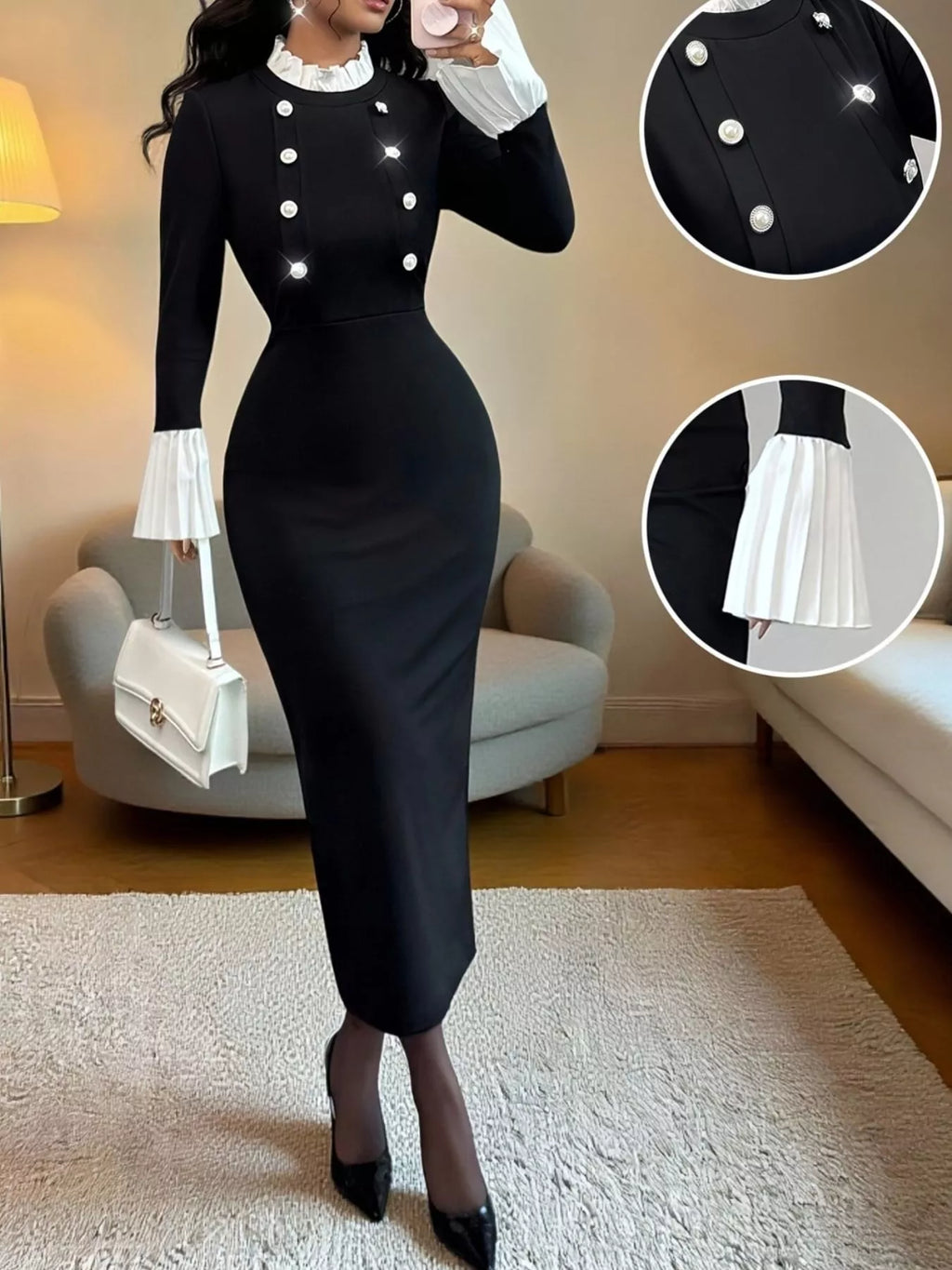 Two Tone Long Sleeve Midi Dress - Lilixa.store