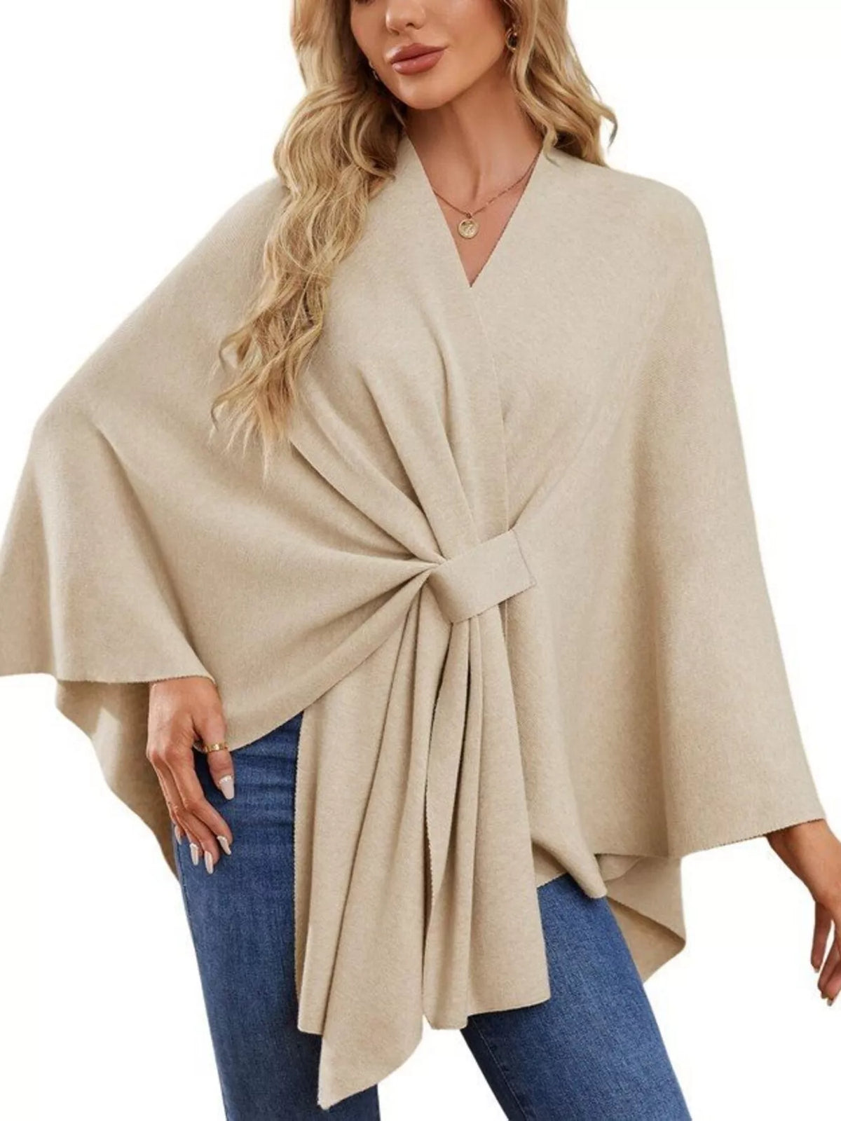 Solid Color Tie-Front Knit Cape Top in Beige