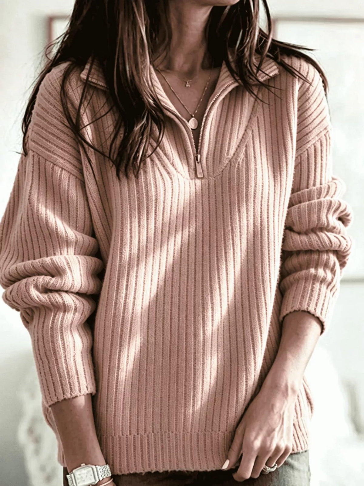 Full Size Half-Zip Textured Sweater Plus Size - Lilixa.store