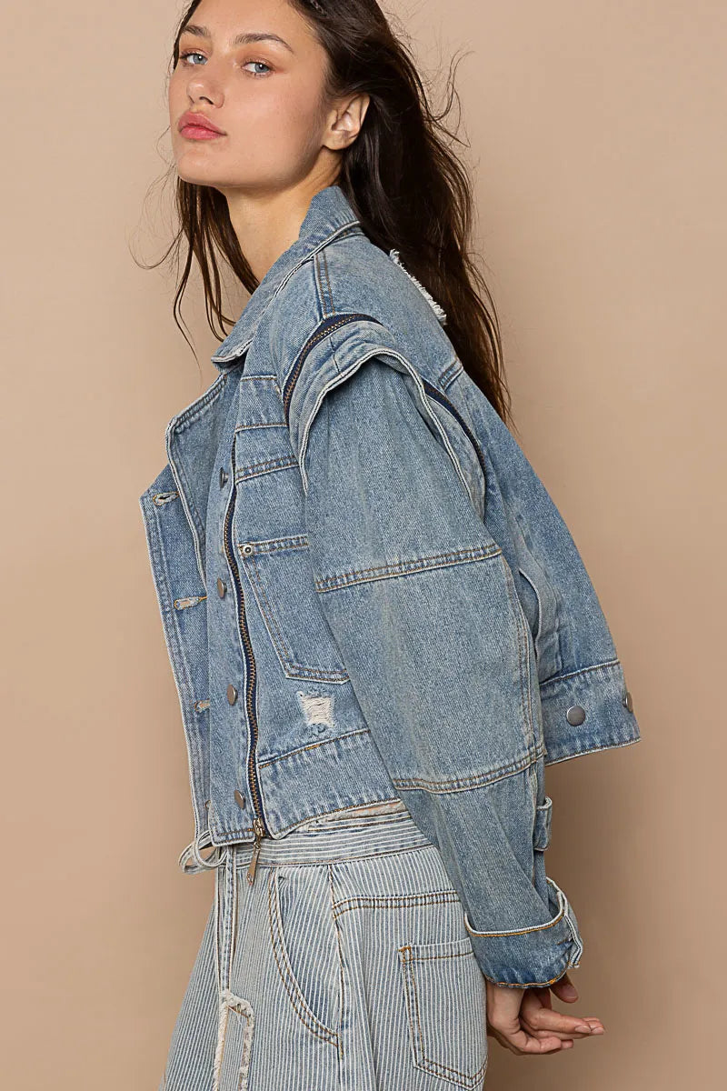 POL Cropped Denim Jacket with Functional Zipper Detail in Dusty Blue, view 2