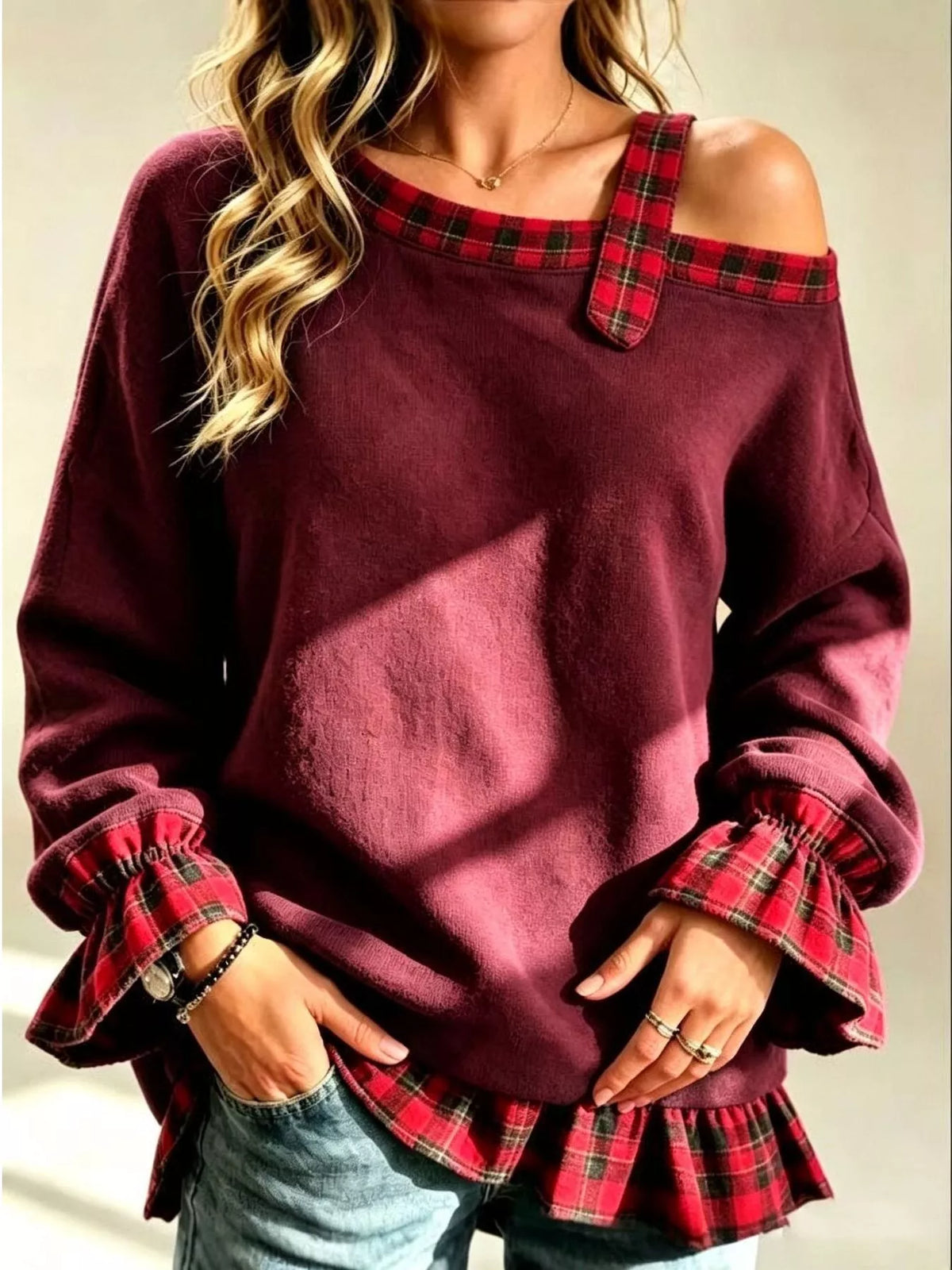 Full Size Cold-Shoulder Plaid Patchwork Long Sleeve Top Plus Size - Lilixa.store