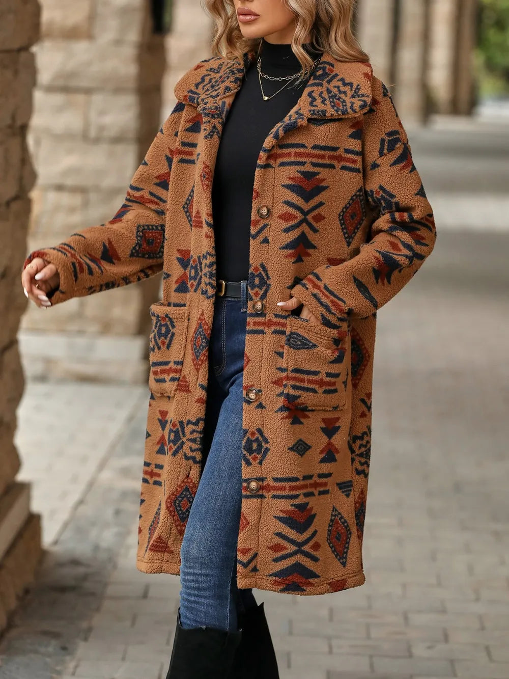 Geometric Pocketed Dropped Shoulder Coat, view 5