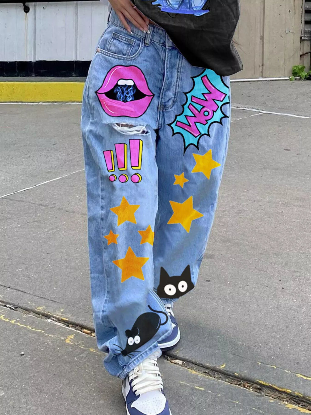 Full Size Pop Art Print Loose Fit Jeans Plus Size - Lilixa.store