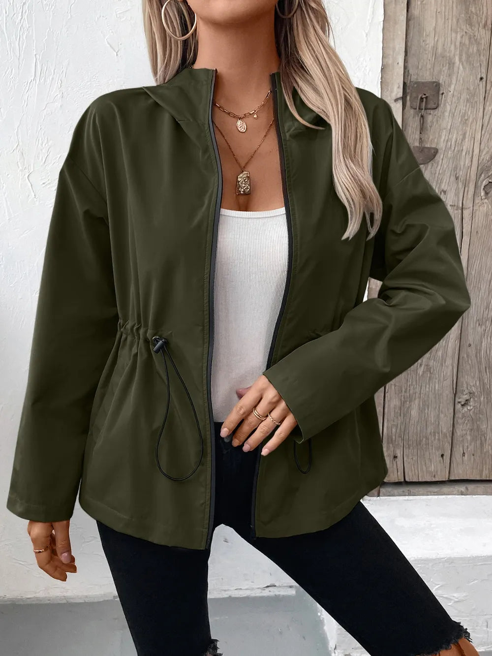 Ivy Lane Drawstring Zip Up Hooded Jacket in Army Green