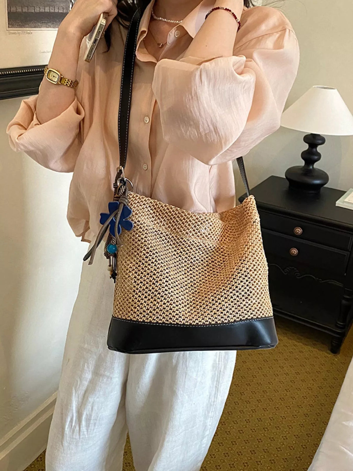 Leather Trim Woven Shoulder Bag