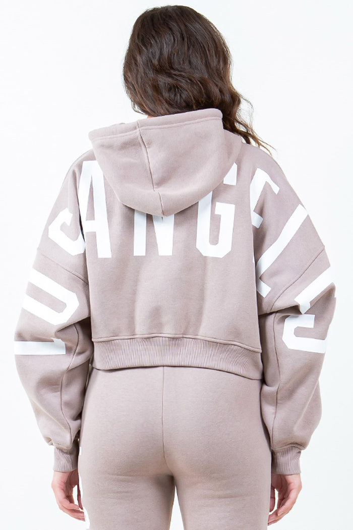 American Bazi Letter Graphic Long Sleeve Drawstring Cropped Hoodie - Lilixa.store