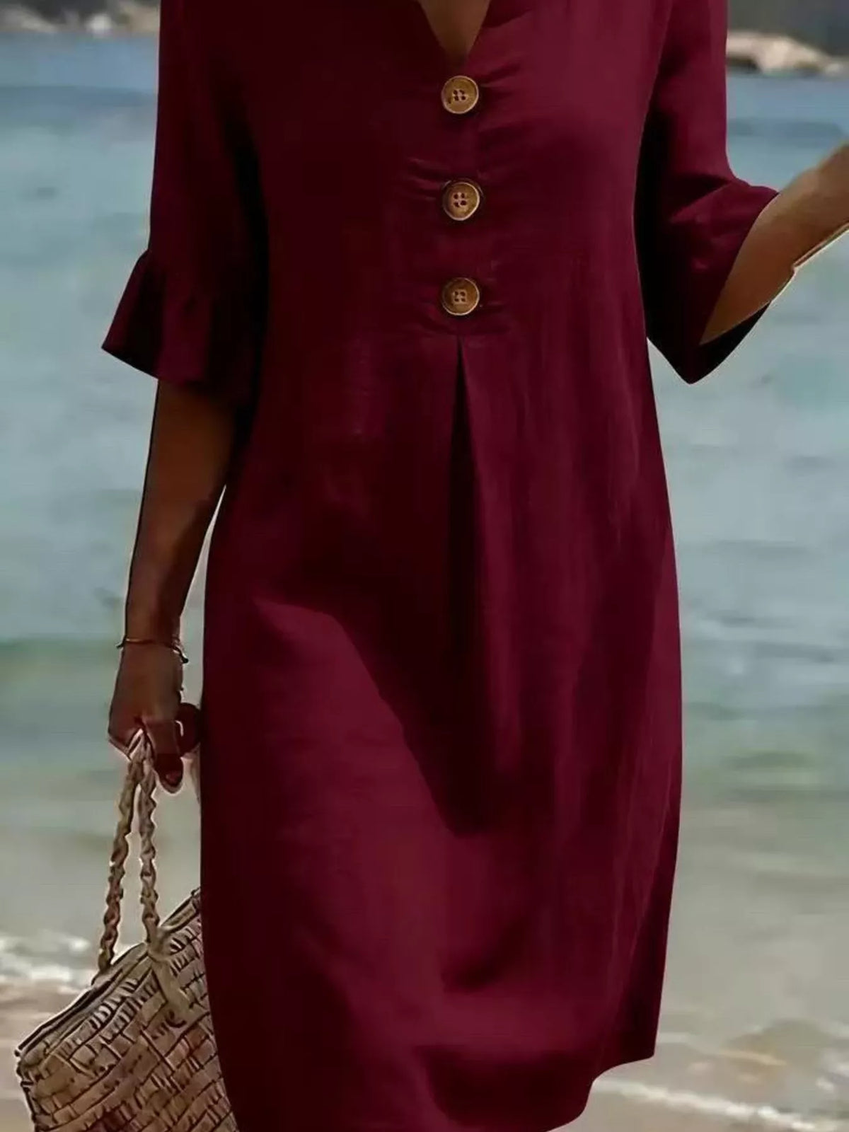 Full Size Decorative Button Ruffle Half Sleeve Dress Plus Size - Lilixa.store