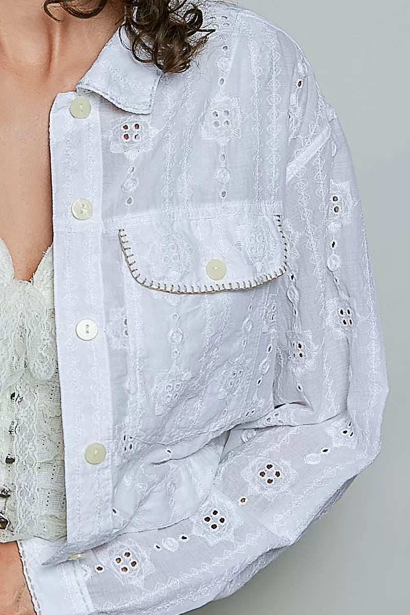 POL Eyelet Textured Cotton Cropped Button Front Jacket in Off White, view 6
