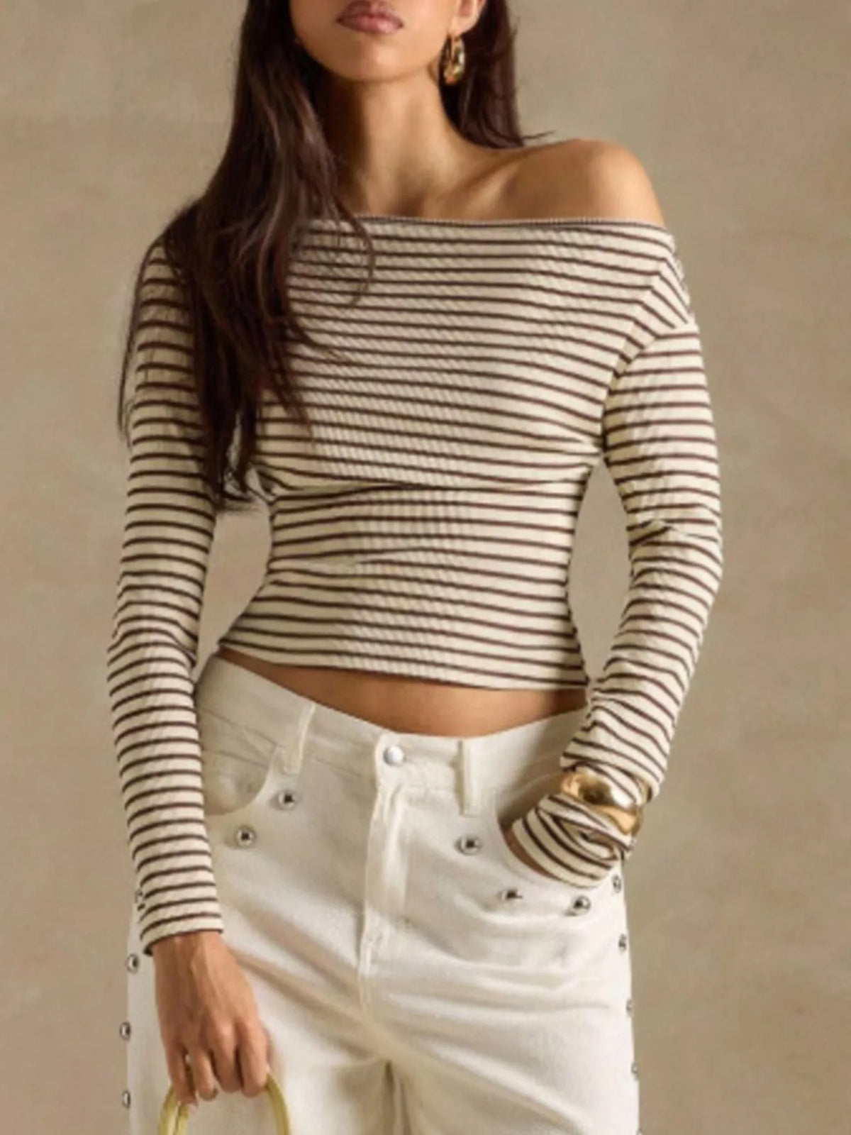 Off-Shoulder Striped Ribbed Long Sleeve T-Shirt, view 4