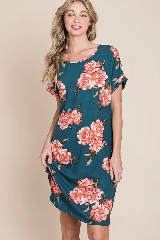 BOMBOM Floral Round Neck Short Tee Dress with Pockets - Lilixa.store