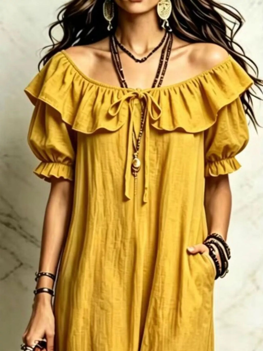 Ruffle Trim Puff Sleeve Maxi Dress - Lilixa.store