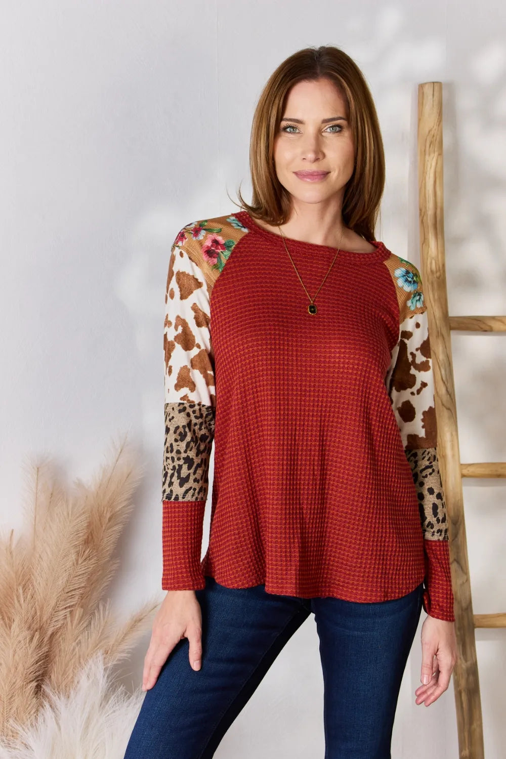 Hailey & Co Full Size Leopard Waffle-Knit Blouse - Lilixa.store