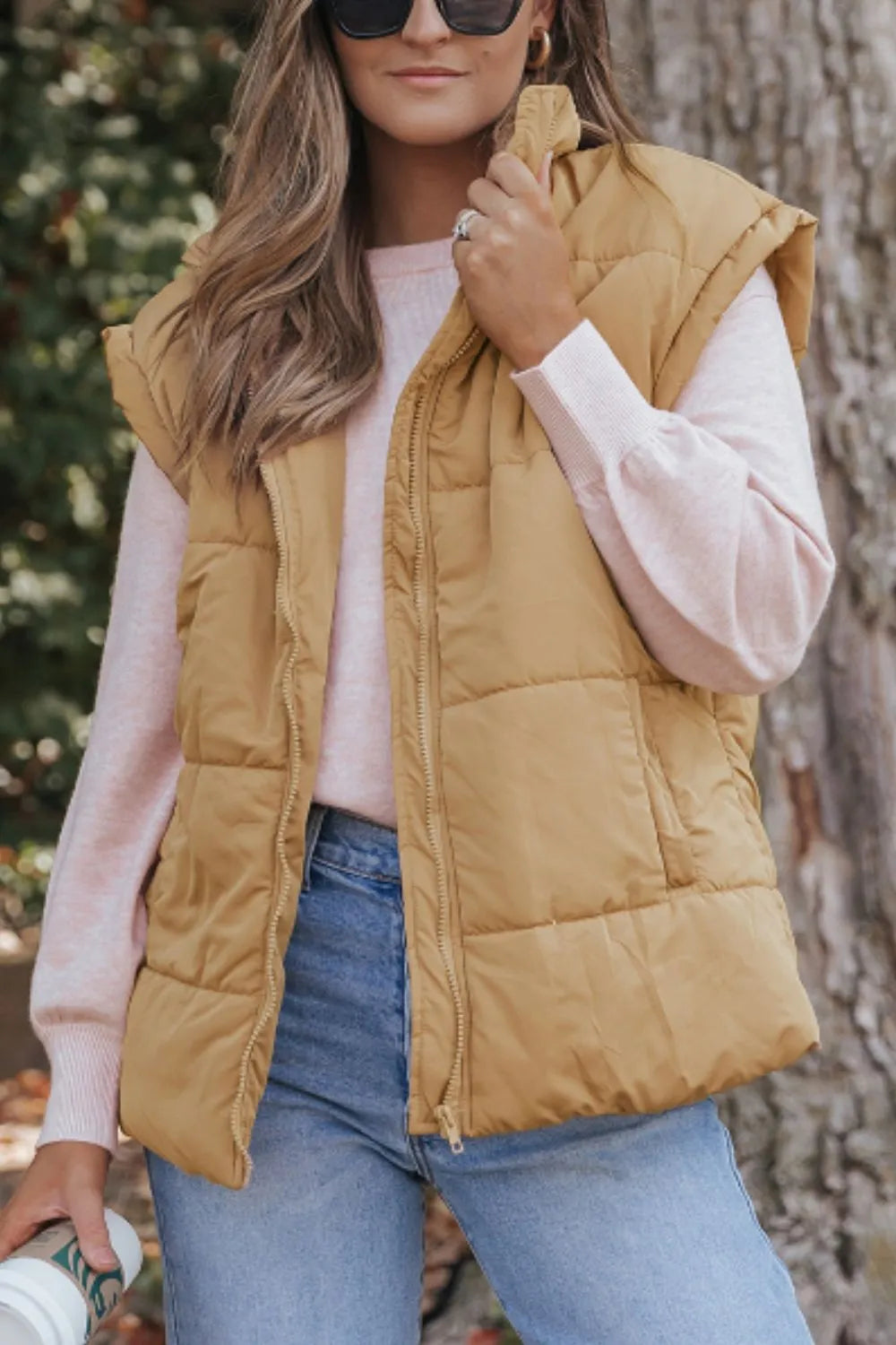Zip Up Vest Coat with Pockets in Tan, view 2