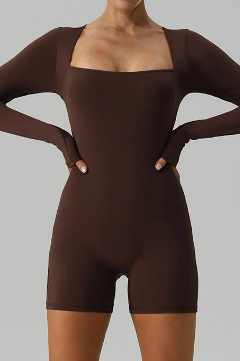 Square Neck Long Sleeve Active Romper - Lilixa.store