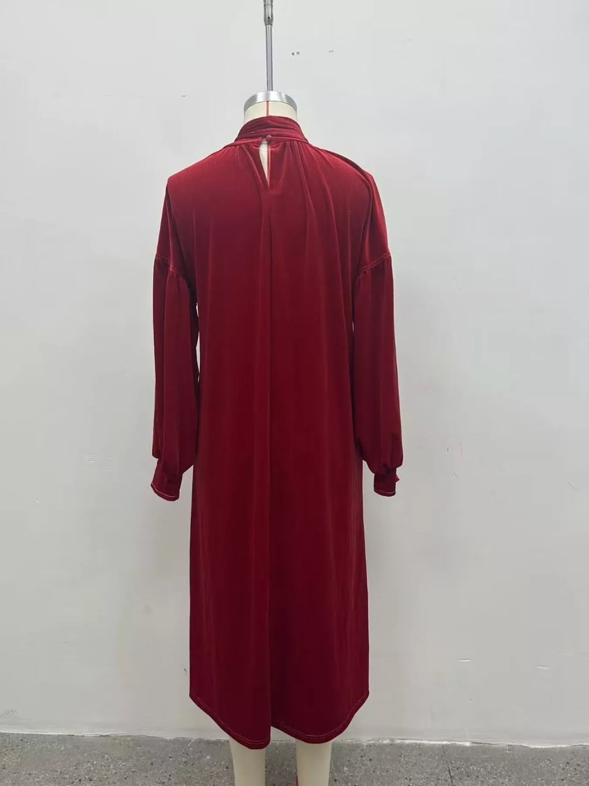 Full Size Velvet Tie-Neck Lantern Sleeve Midi Dress Plus Size
