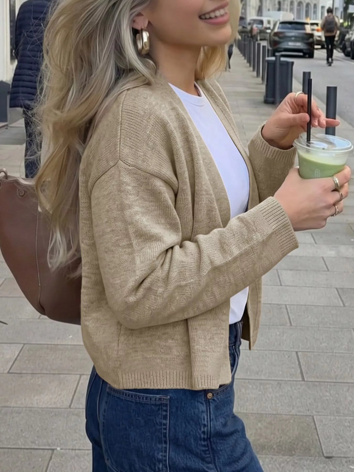 Open-Front Knit Cardigan in Khaki, view 4