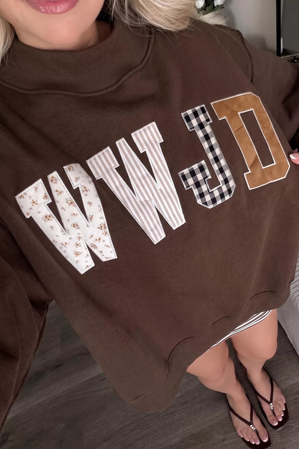 WWJD Mixed Pattern Embroidered Patch Graphic Mock Neck Sweatshirt in Dark Brown, view 3