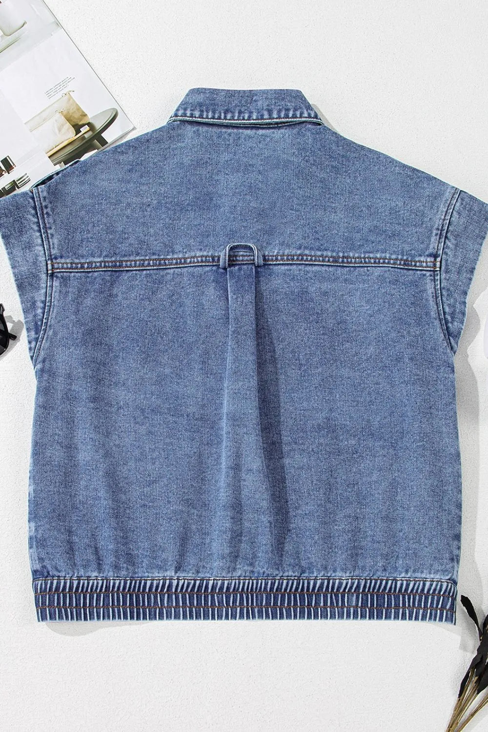 Button Up Cap Sleeve Denim Jacket, view 10