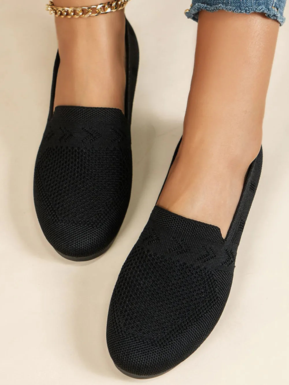 Mesh Round Toe Flat Slip-Ons in Black
