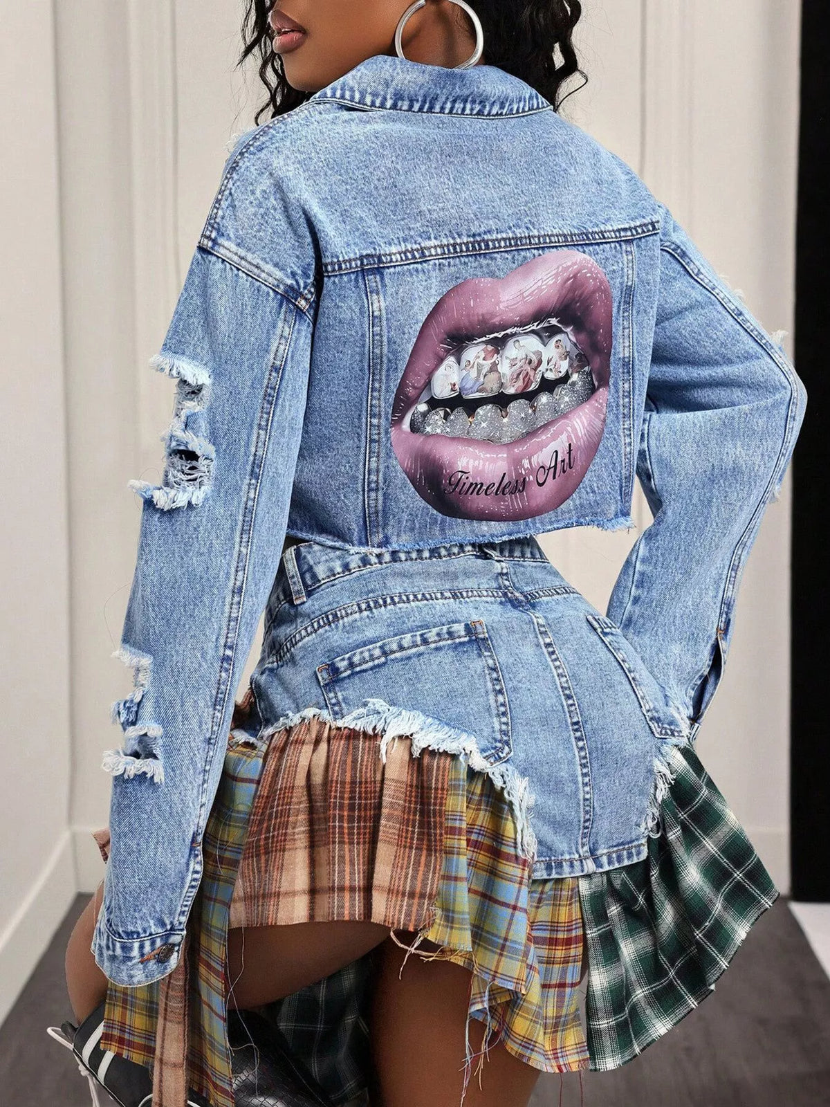 Distressed Cropped Denim Jacket in Blue, view 2