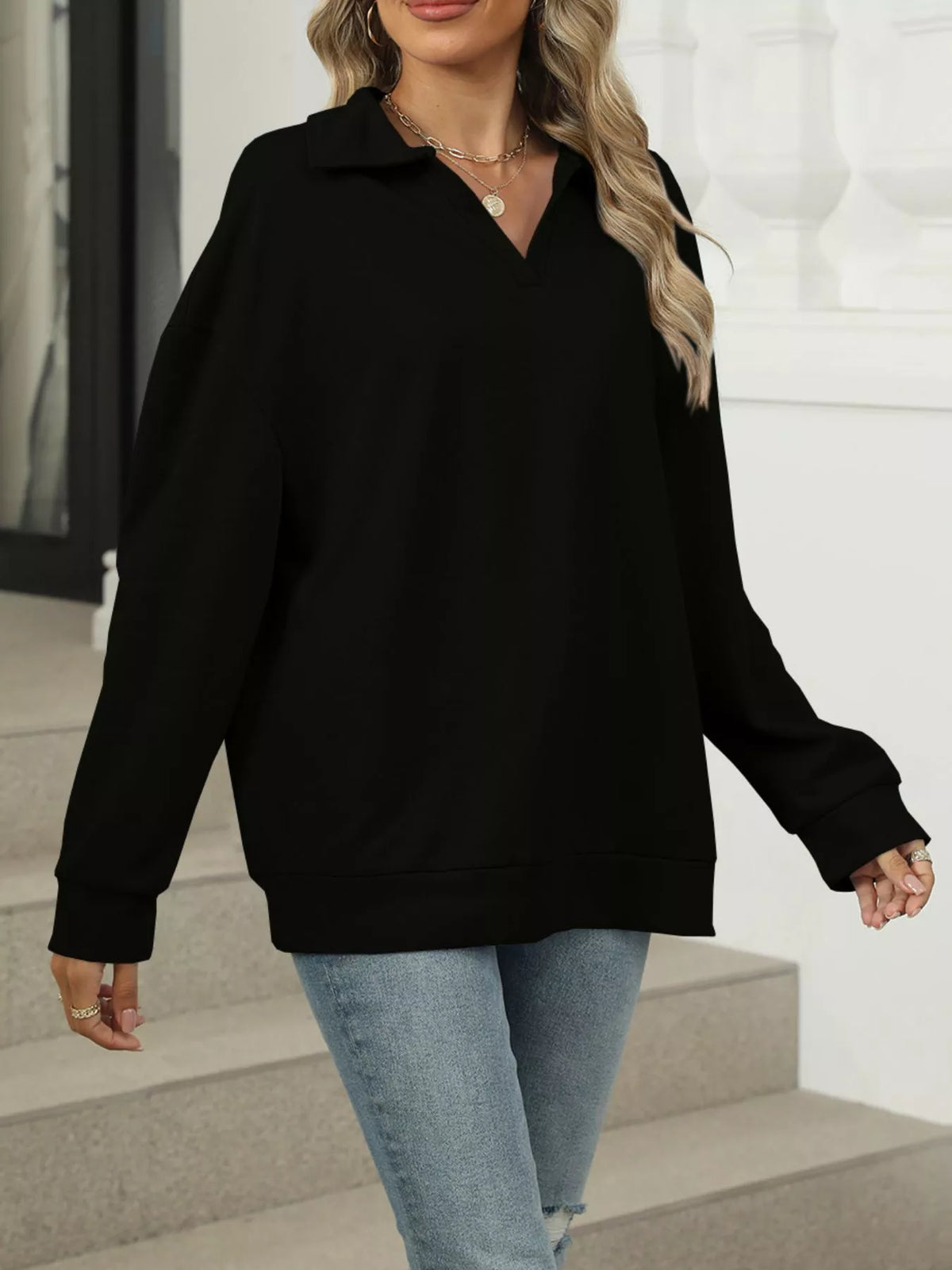 Johnny Collar Drop Shoulder Long Sleeve Sweatshirt - Lilixa.store