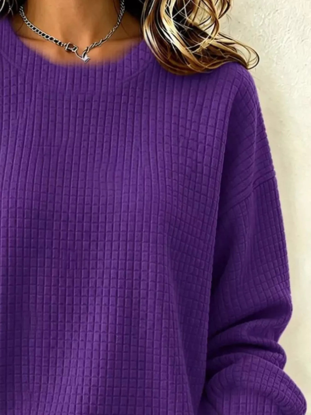 Full Size Waffle Knit Long Sleeve Crew Neck Sweatshirt Plus Size - Lilixa.store