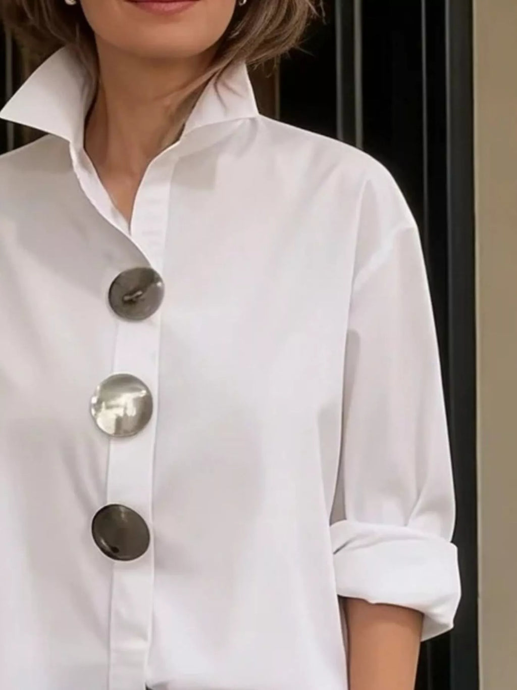 Full Size Oversized Metal Button Long Sleeve Shirt Plus Size - Lilixa.store