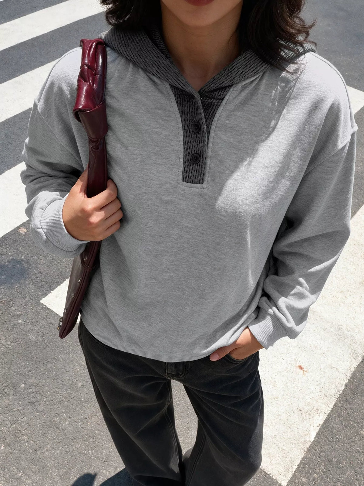 Dropped Shoulder Long Sleeve Hoodie in Gray, view 3