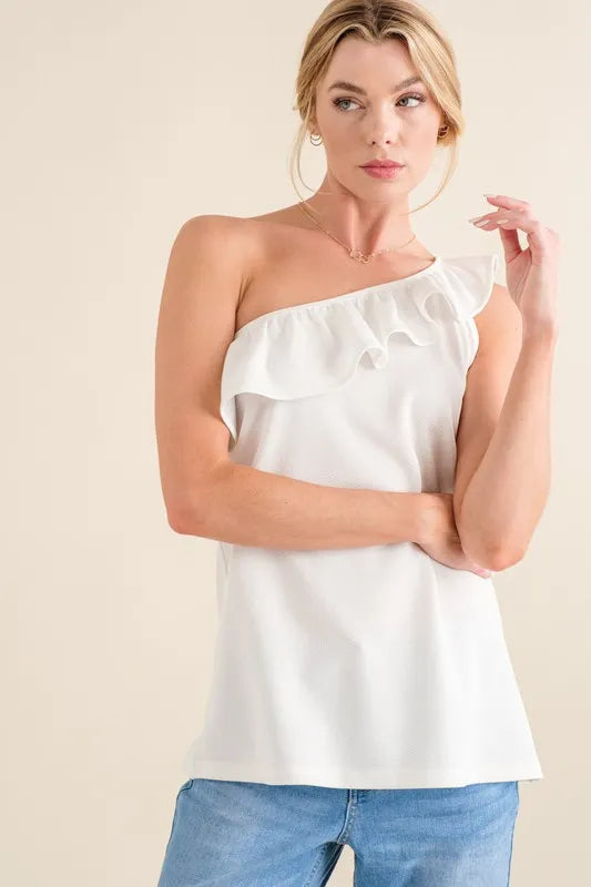 And The Why Ruffle One Shoulder Sleeveless Tank Top in White