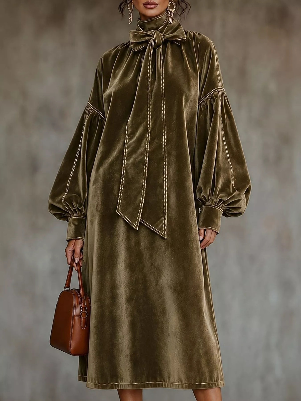 Full Size Velvet Tie-Neck Lantern Sleeve Midi Dress Plus Size