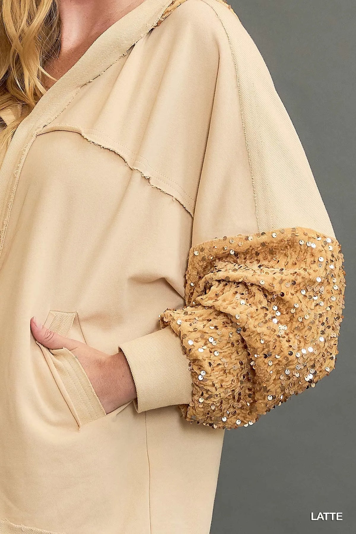 Umgee Sequined French Terry Jacket in Latte, view 6