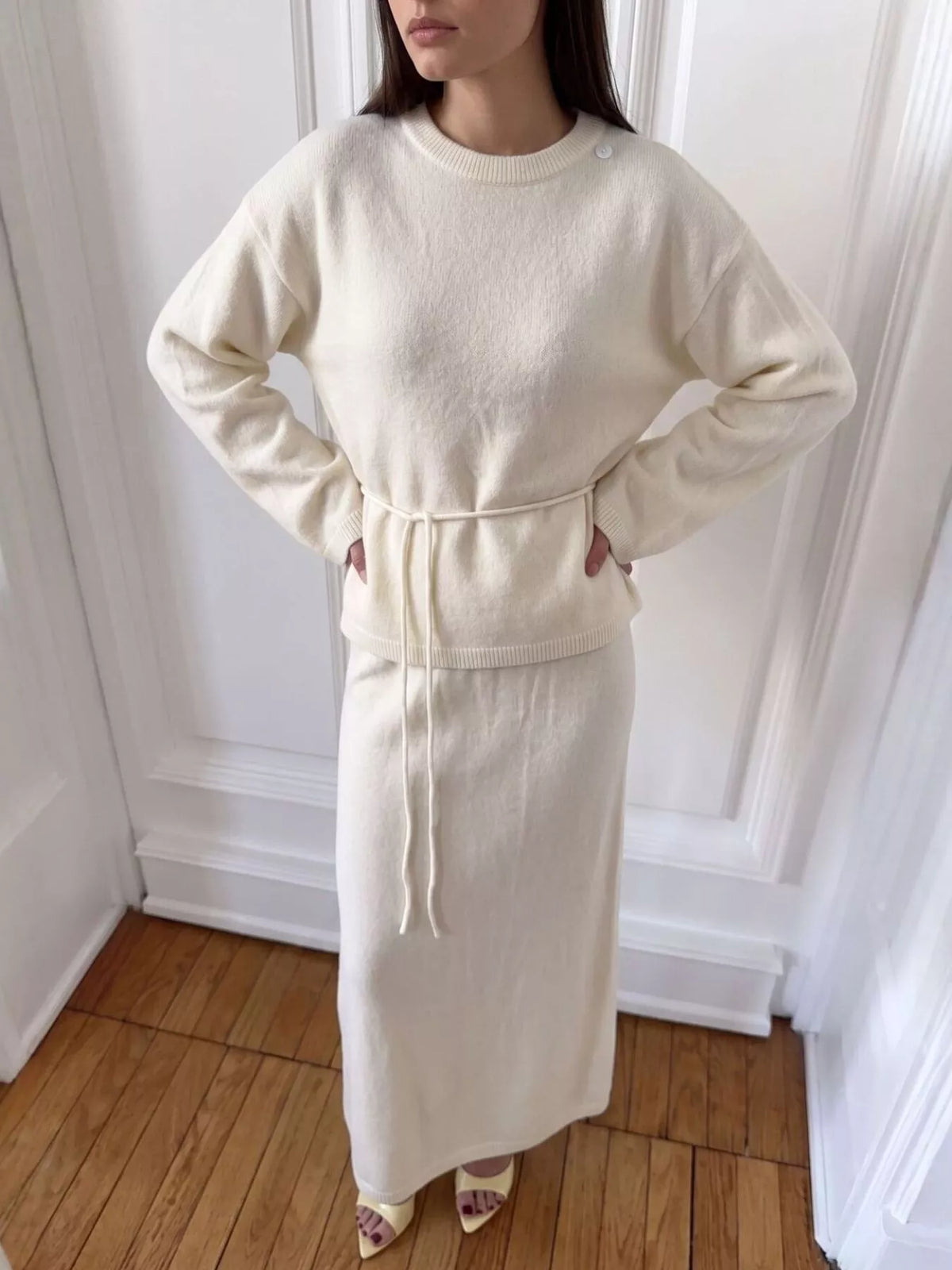 Waist-Tie Detail Sweater and Maxi Skirt Set in Cream