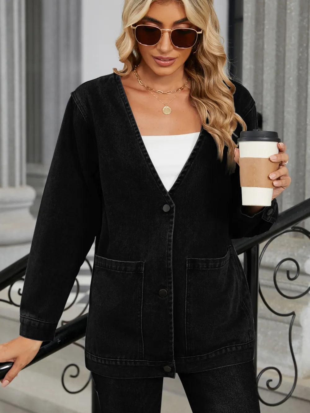 Pocketed V-Neck Button Up Denim Jacket, view 9