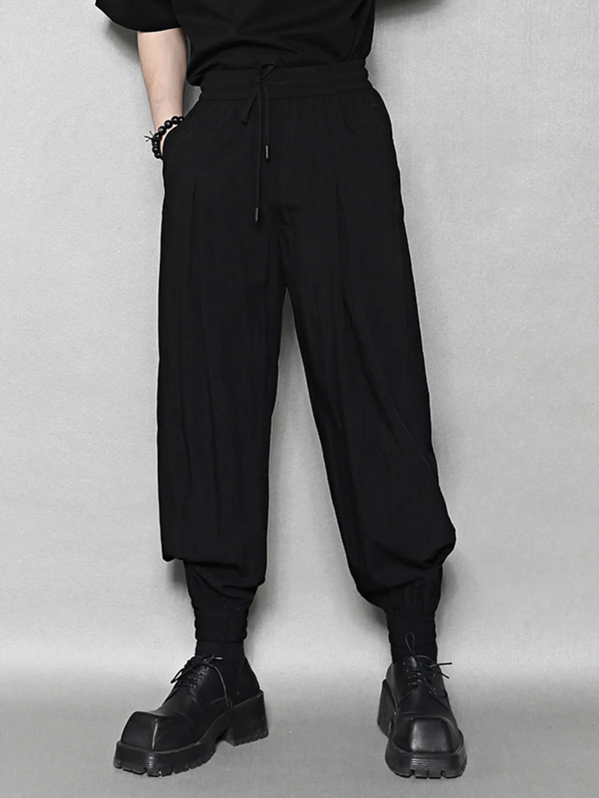Men's Relaxed Fit Drawstring Ankle Cuffed Pants in Black, view 2