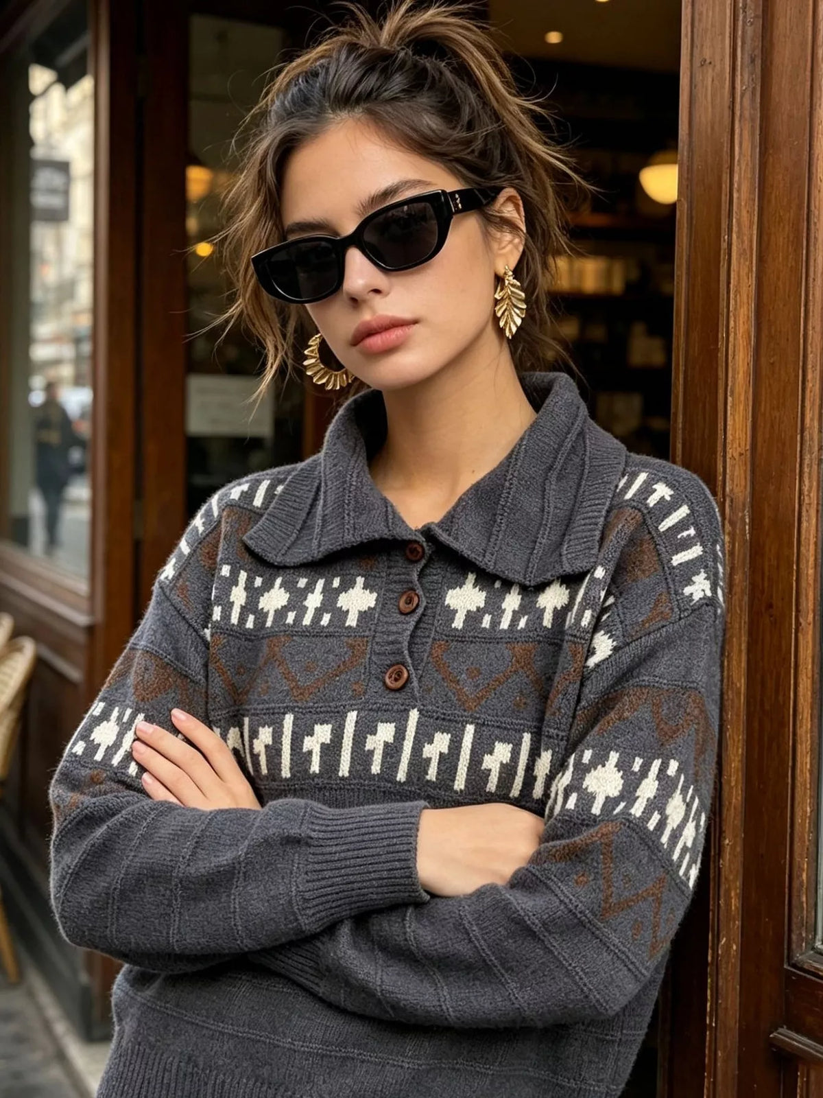 Vintage-Inspired Fair Isle Patterned Polo Sweater, view 10