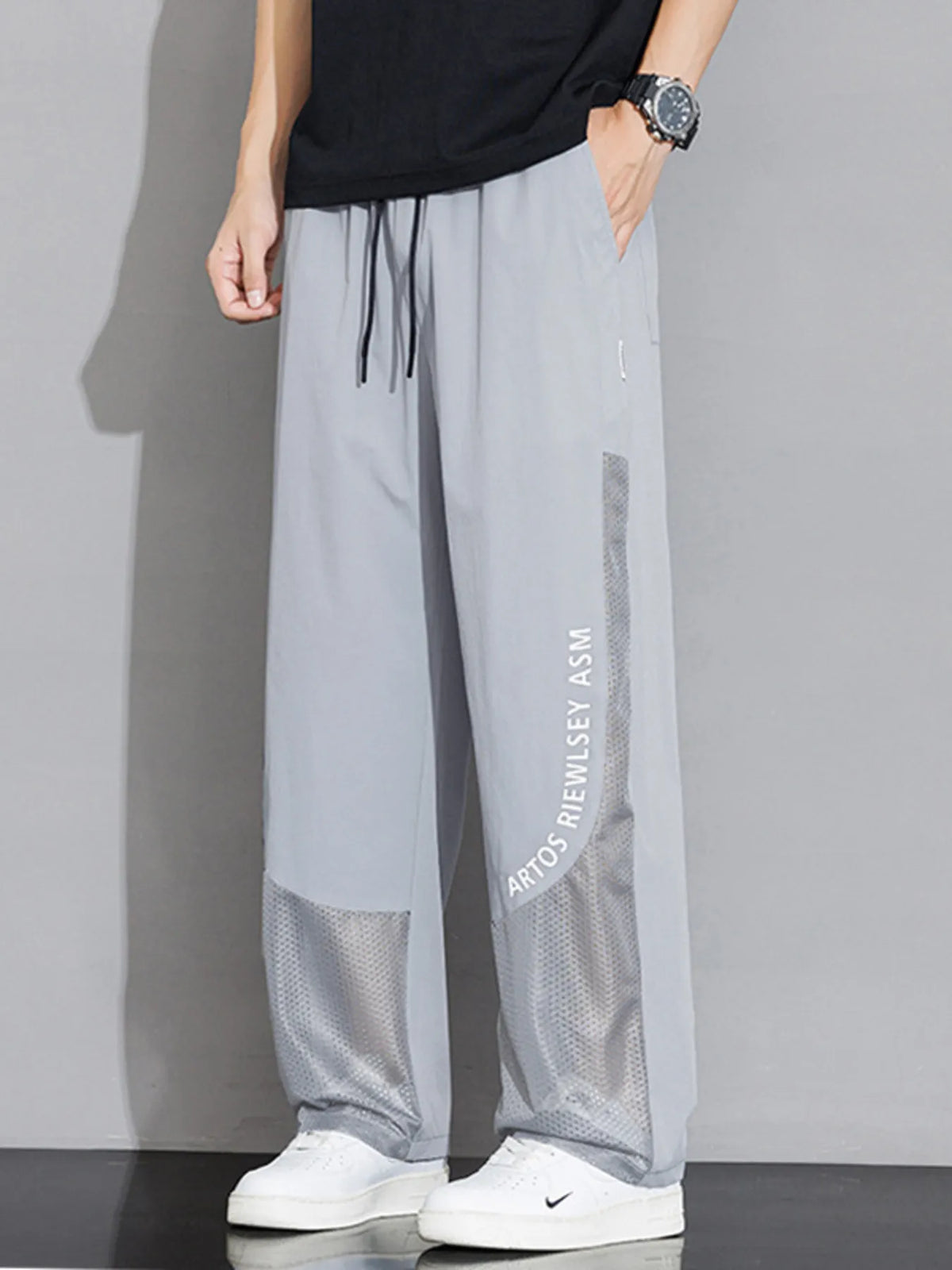 Men's Plus Size Drawstring Wide Leg Mesh Panel Pants in Light Gray