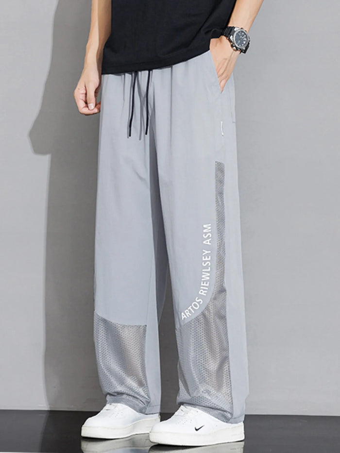 Men's Plus Size Drawstring Wide Leg Mesh Panel Pants in Light Gray