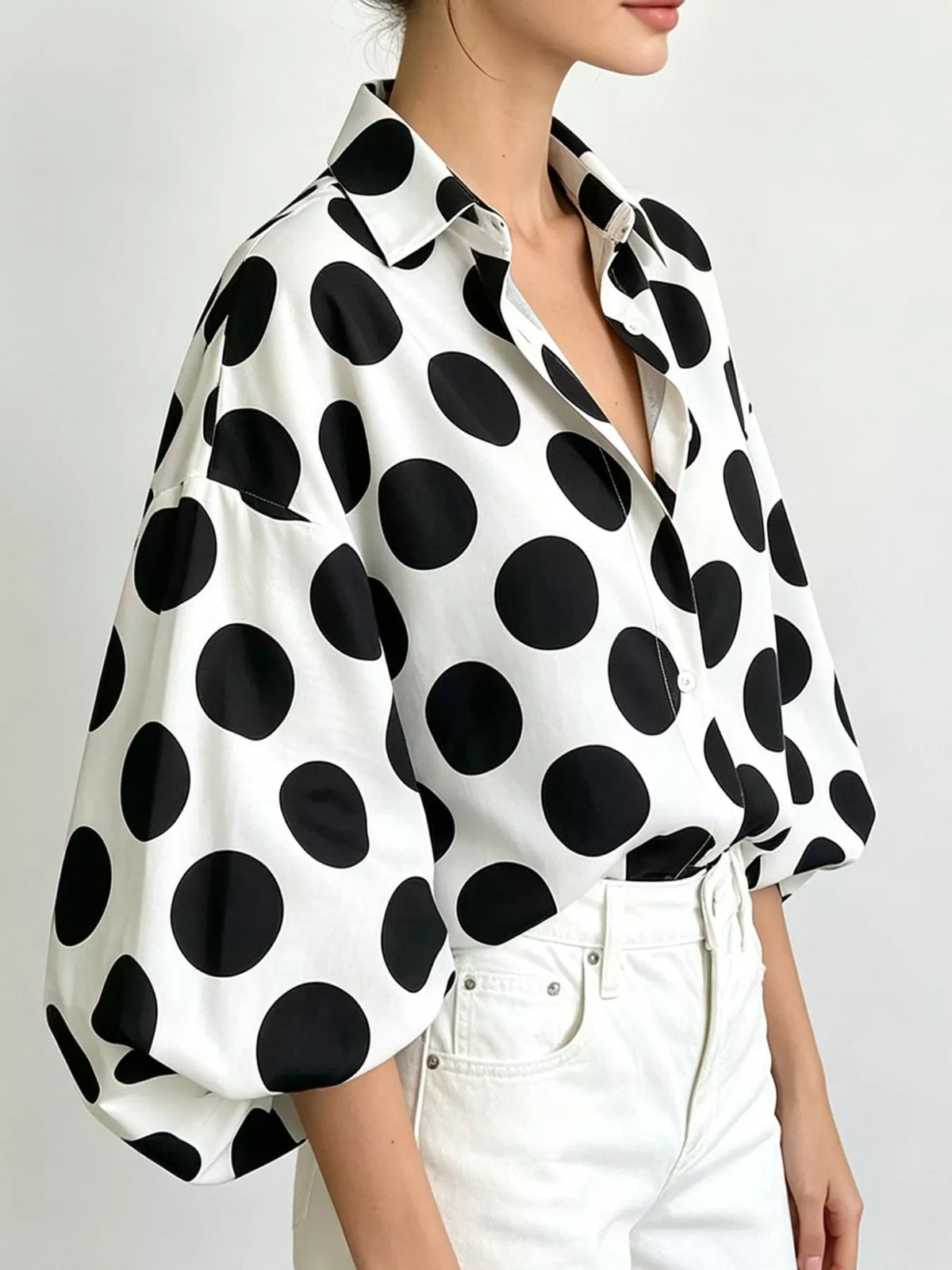 Polka Dot Puff Sleeve Shirt in Black, view 4